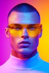 Colorful portrait of young man in yellow lens glasses, neon lights. Modern fashion