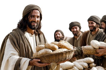 Jesus distributes loaves of bread to a crowd in ancient times isolated on transparent background