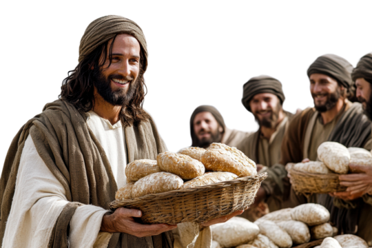 Jesus distributes loaves of bread to a crowd in ancient times isolated on transparent background