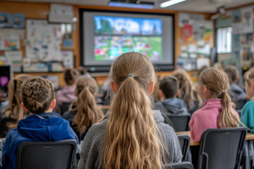 A girl with long hair sits in a classroom with other students