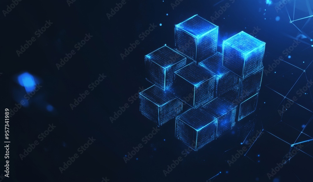 Poster digital representation of blue glowing cubes with binary code in a futuristic theme
