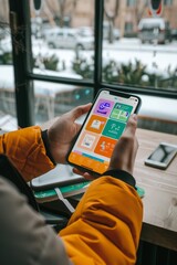 Person Using Language Learning App with Vocabulary Flashcards and Interactive Exercises on Smartphone