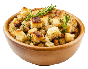 Homemade stuffing made with herbs served in a wooden bowl isolated on transparent background