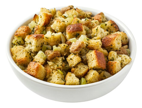 Homemade stuffing with herbs and vegetables in a white bowl isolated on transparent background