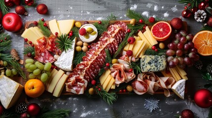 Festive Christmas Charcuterie Board with Cheeses, Meats, and Fruits for Holiday Celebrations