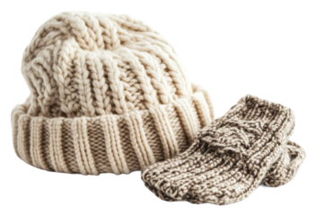 Cozy knitted hat and mittens set perfect for winter activities isolated on transparent background