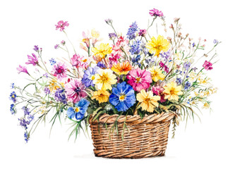Obraz premium Colorful wildflower basket arrangement isolated on transparent background
