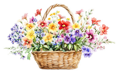Obraz premium Colorful bouquet of wildflowers in a woven basket on display isolated on transparent background