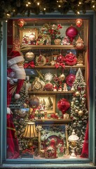 Fototapeta premium Beautifully Decorated Christmas Window Display with Festive Ornaments and Holiday Lights for Seasonal Cheer