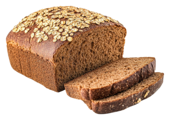 Freshly baked whole grain bread with oats sliced for serving isolated on transparent background