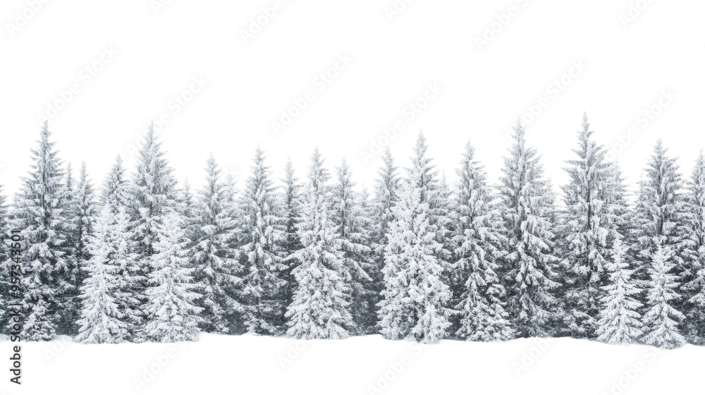 Wall mural snow-covered evergreen trees in a winter landscape at dawn isolated on transparent background