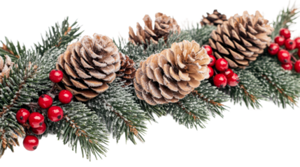 Festive pinecones and red berries arranged for winter decoration isolated on transparent background