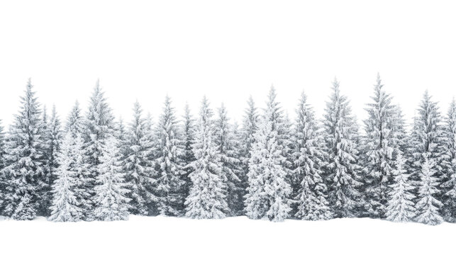 Snow-covered evergreen trees in a winter landscape at dawn isolated on transparent background