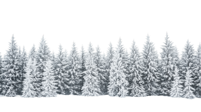 Snow-covered evergreen trees in a winter landscape at dawn isolated on transparent background - Powered by Adobe
