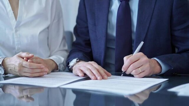 Business people wearing suits signing important documents during a corporate meeting. Win-win concept