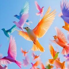 Fototapeta premium Nature scene featuring a group of colorful birds flying in formation picture