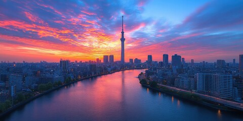 amazing a city skyline with a a cityscape featuring a towering skyscraper a bustling street and a serene river flowing through it png