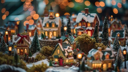 Fototapeta premium Charming Christmas Village Display with Miniature Houses and Festive Decorations