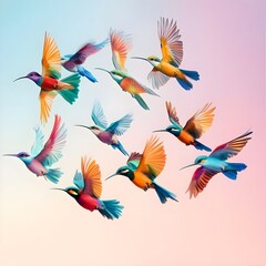 Obraz premium Birds of various colors flying in formation across a nature scene 