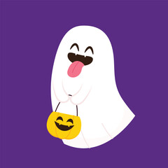 Cute ghost floating with Halloween pumpkin basket for Trick or Treat. Funny spooky boo character. Spook phantom with happy smiling face expression. Isolated kids flat vector illustration.