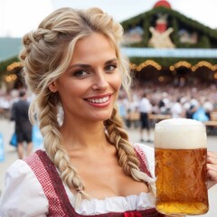 Woman enjoying a beer in a traditional Bavarian dress at Oktoberfest