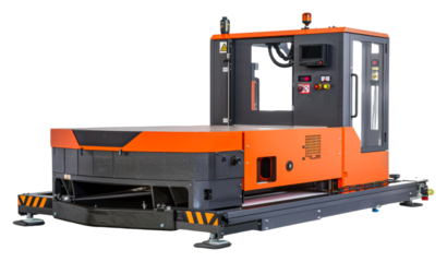 Automated transport vehicle working in an industrial warehouse isolated on transparent background