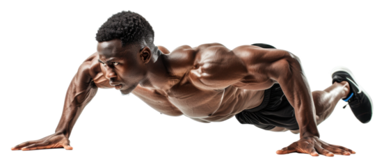 Dedicated athlete performing push-ups indoors for strength training isolated on transparent background