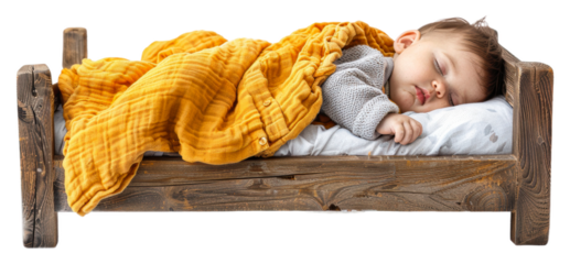 A baby sleeping peacefully on a wooden bed with a cozy blanket isolated on transparent background