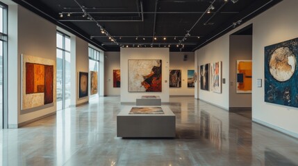 Art gallery with modern paintings on display
