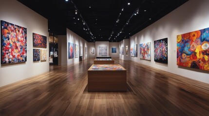 Art gallery with modern paintings on display