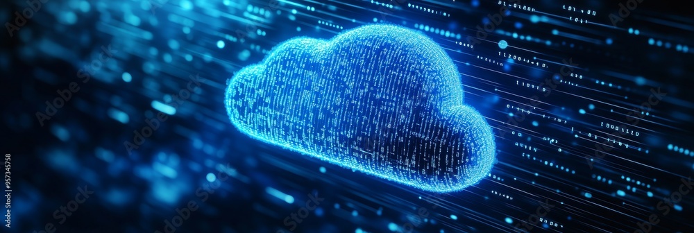 Poster a digital cloud icon glows amidst swirling binary code and abstract data streams, depicting a futuri