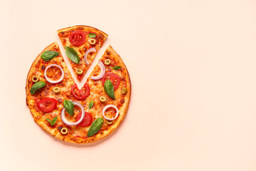 Tasty pizza with olives, tomatoes and basil on beige background