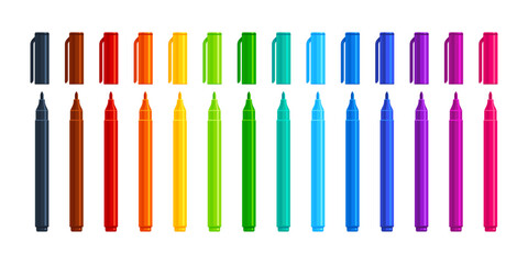 Set of colorful felt tip marker pens with caps off. Flat vector illustration isolated on white background. Art supply concept. Perfect for creative projects