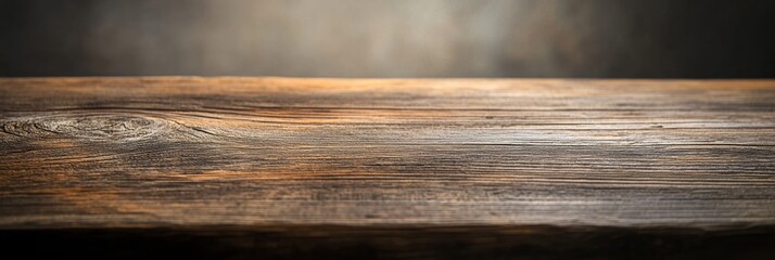 Fototapeta premium An empty, weathered wooden table surface showcases rich grain and texture, inviting a warm, rustic atmosphere. The soft lighting adds depth to its weathered charm