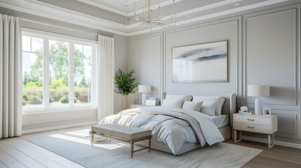 Obraz premium Bright bedroom with minimalist crown molding and soft color palette