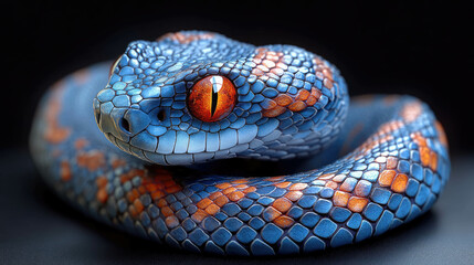 Fototapeta premium Close-up of a beautifully detailed pit viper coiled on a branch, showcasing its vibrant orange and yellow scales in a striking nature shot.