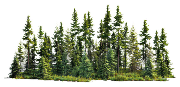 Lush green forest with tall pine trees and vibrant undergrowth isolated on transparent background