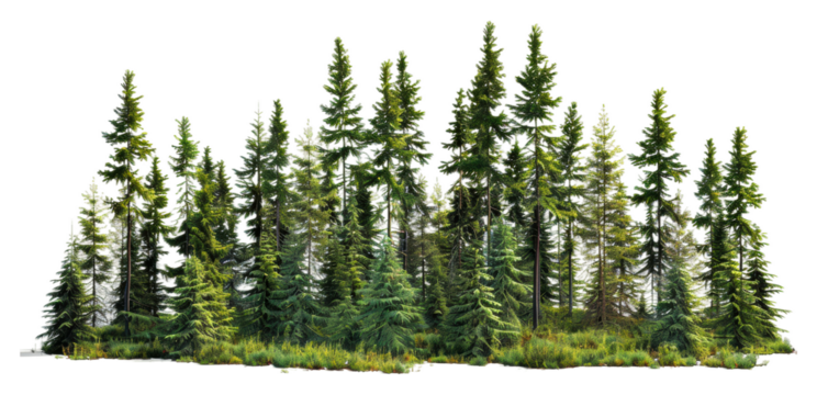 Lush green forest with tall pine trees and vibrant undergrowth isolated on transparent background