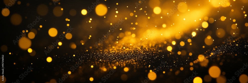 Poster delicate yellow particles shimmer and float through a dark setting, forming an enchanting bokeh effe