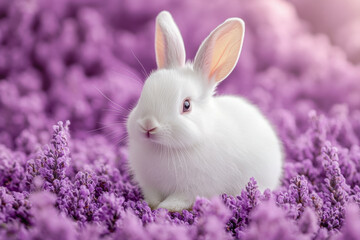Fototapeta premium Cute bunny little ears, white rabbit on lavender background