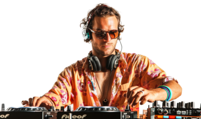 DJ performing live set in bright attire with mixing equipment isolated on transparent background