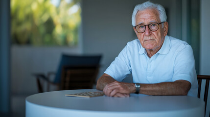 Obraz premium Elderly gray-haired man in glasses sitting alone at a table in his favorite cafe, the concept of loss and parting, geriatric healthcare concept.