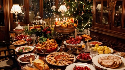 Traditional Spanish Christmas Dinner with Festive Dishes and Decorations for the Holiday Season