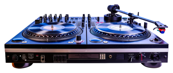 DJ turntables set up for a live performance at a music event isolated on transparent background