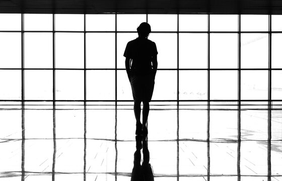 Young man with a backpack walking across reflective floor with multi paneled windows in the background, monochrome