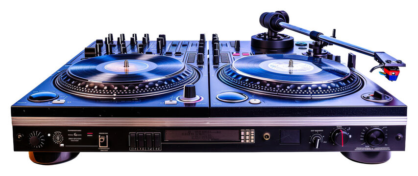 DJ turntables set up for a live performance at a music event isolated on transparent background