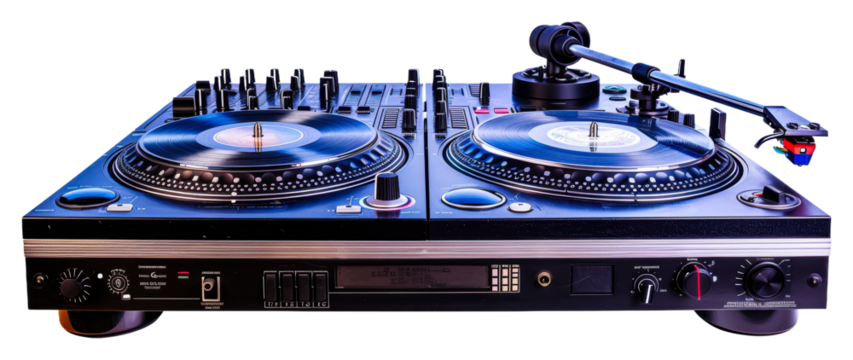 DJ turntables set up for a live performance at a music event isolated on transparent background