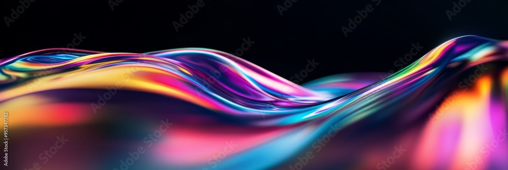 Poster the flowing abstract wave captivates with its vibrant color gradients and iridescent quality, creati