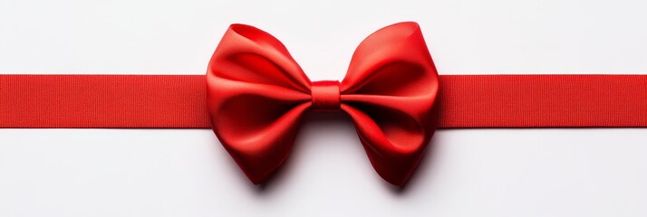 A closeup view showcases a vibrant red bow isolated on a solid white background, emphasizing its smooth texture and elegant design suitable for gifts or decoration