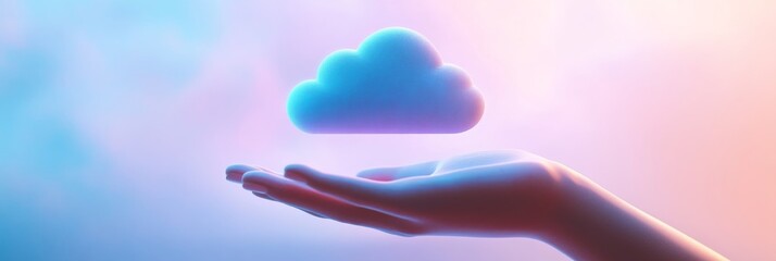 A three-quarter view shows a soft, rendered cloud hovering over an open hand, illustrating the essence of cloud computing in a modern digital environment